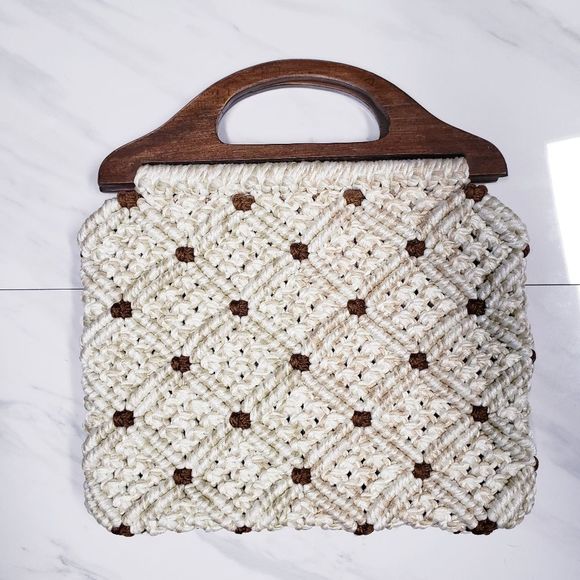 Vintage boho macrame crocheted wooden handle bag - Picture 1 of 7